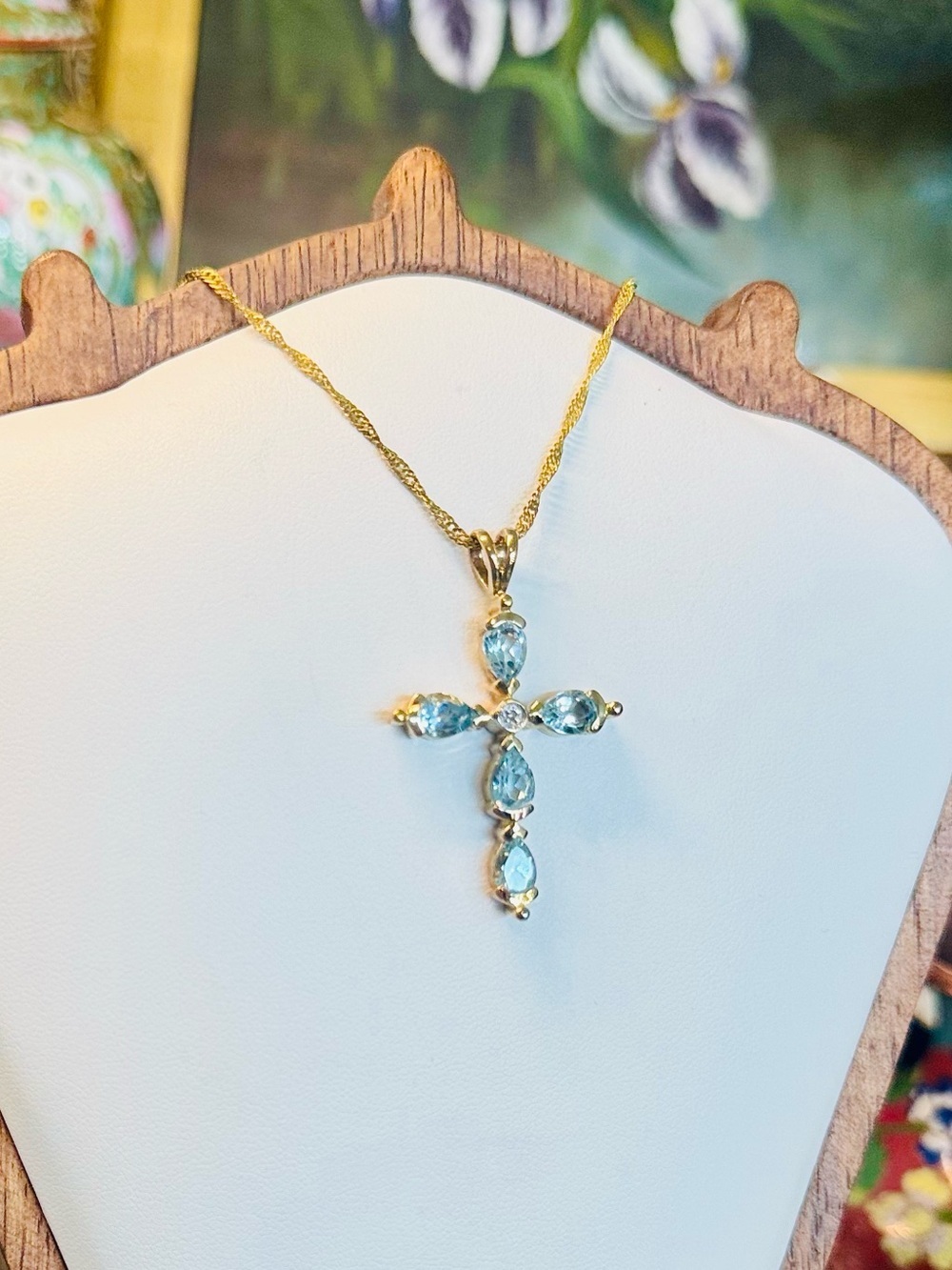 Vintage Château d'Argent Blue Topaz & Diamond Cross Pendant Necklace (18”)